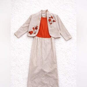 Hal Hardin Beige Embroidered Jacket & Dress Set M Floral 2-Piece